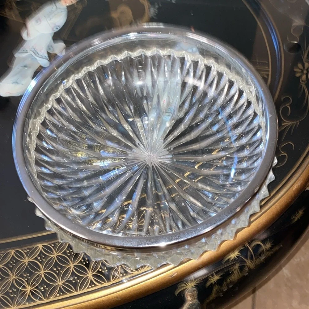 BX46 VINTAGE CRYSTAL Cut Candy Dish BOWL SILVER RIM England stamp